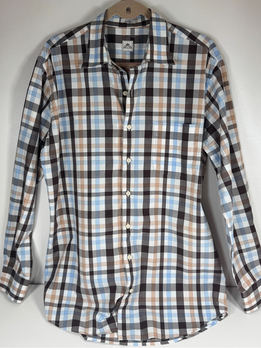 Peter Millar Shirt Men’s Large 100% Cotton Long Sleeve Blue Brown Plaid Buttonup